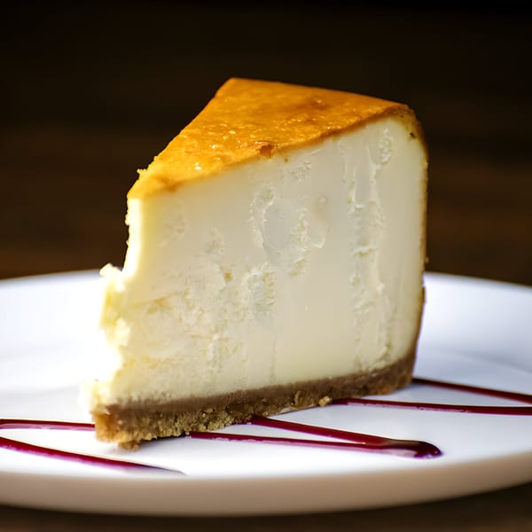 A slice of Pignetti's cheesecake with a bite taken out, served on a white plate with berry sauce.